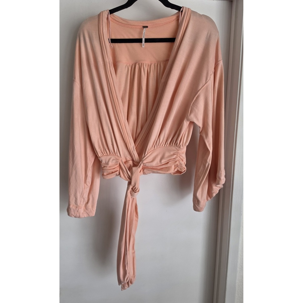 Free People Wrap Top XS Peach Solid V-Neck Long Sleeve Blouse Boho Shirt